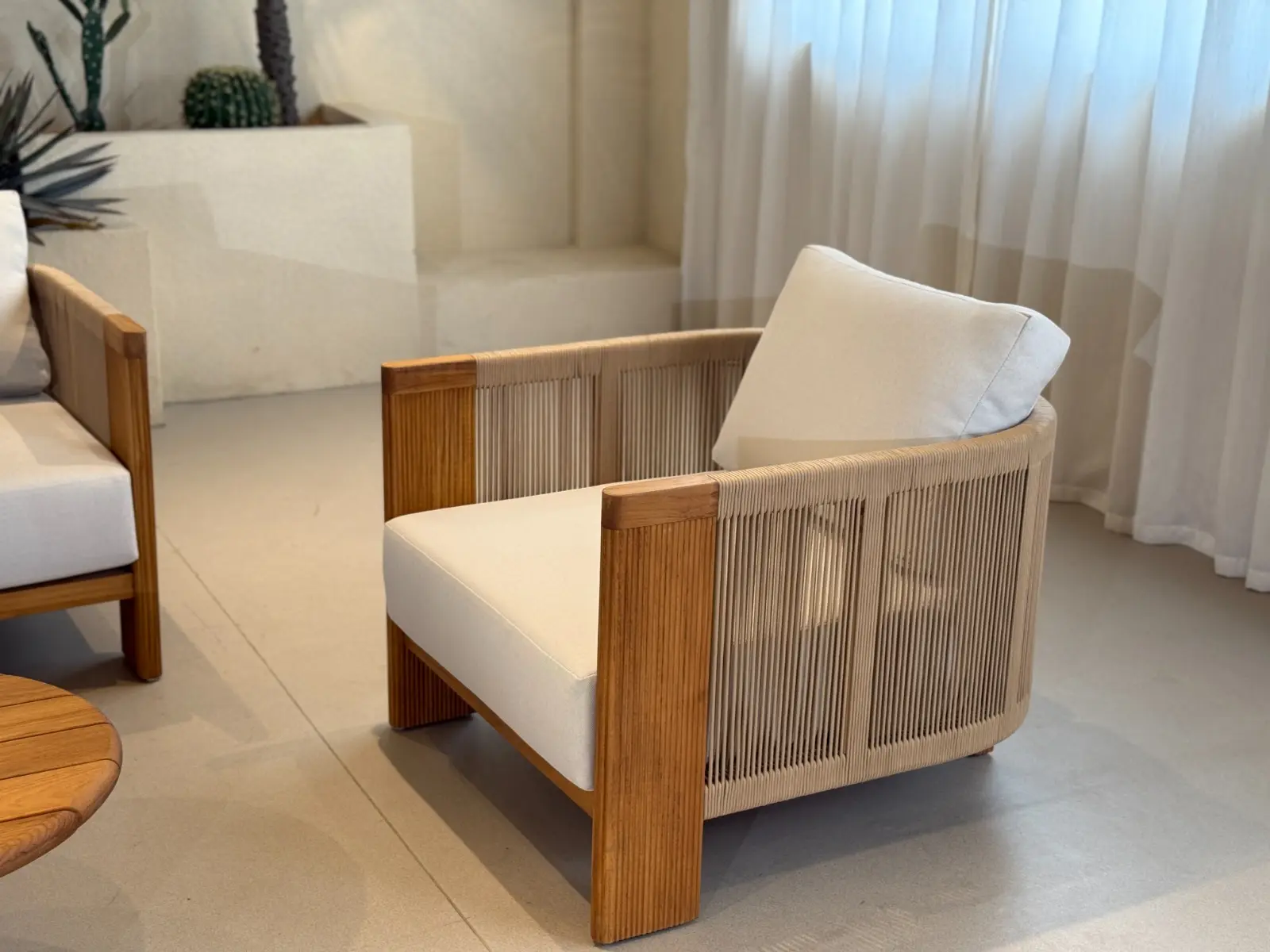 Sofá modular exterior Modelo Umbral de Teca Grado A con tejido de cuerda Olefin beige