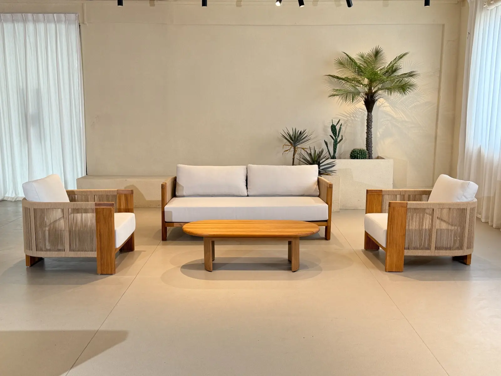 Sofá modular exterior Modelo Umbral de Teca Grado A con tejido de cuerda Olefin beige