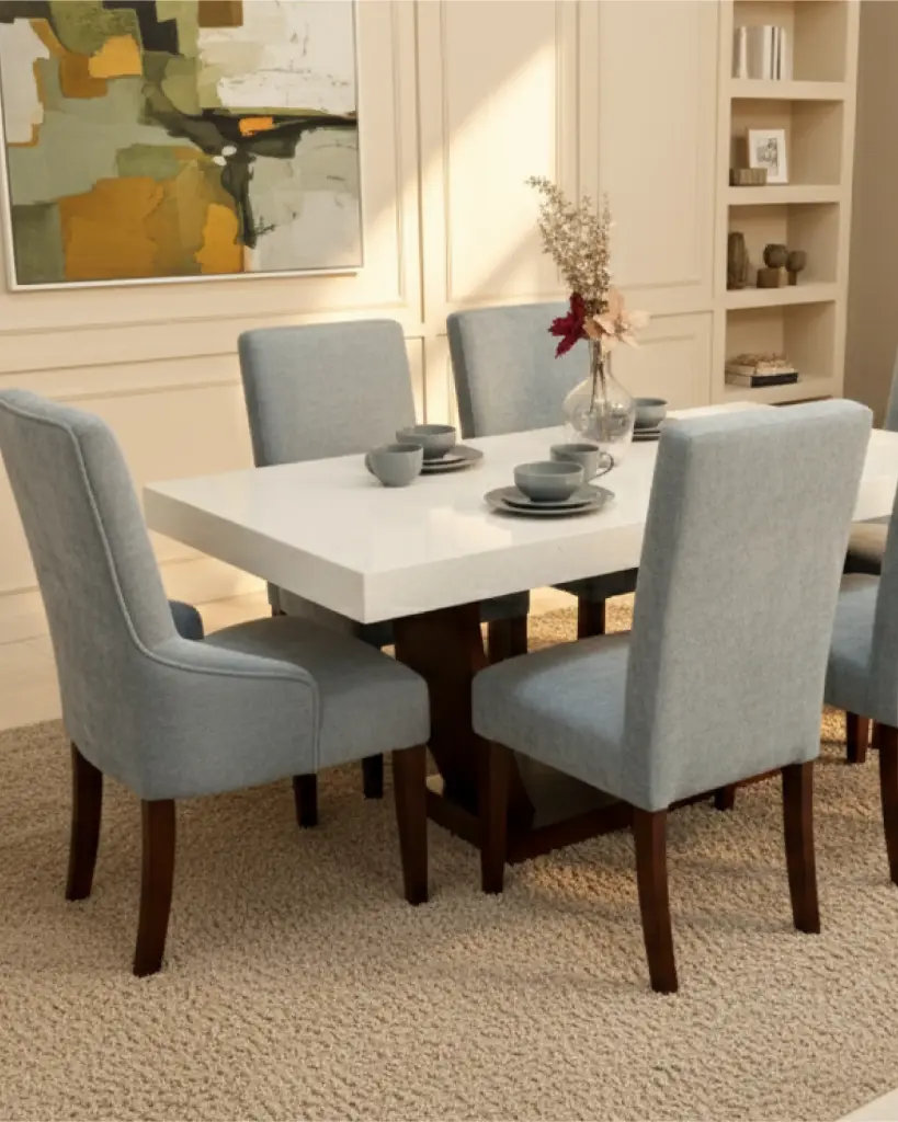 Modelo CELEBRA Mesa de comedor (6p) - Top de Cuarzo Blanco Estelar