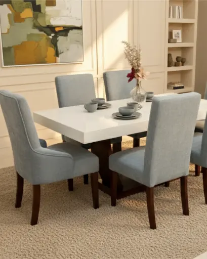 Modelo CELEBRA Mesa de comedor (6p) - Top de Cuarzo Blanco Estelar